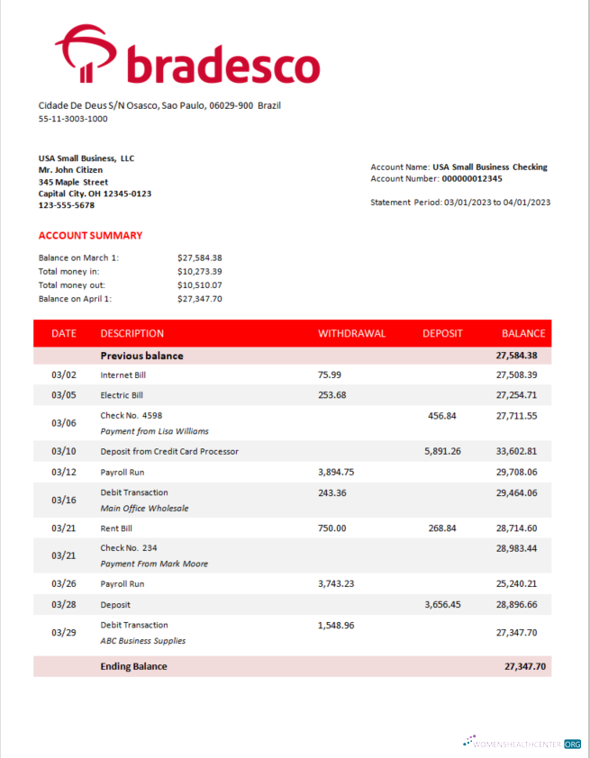 Download Bradesco Bank corporate account statement Word and PDF template Photoshop template